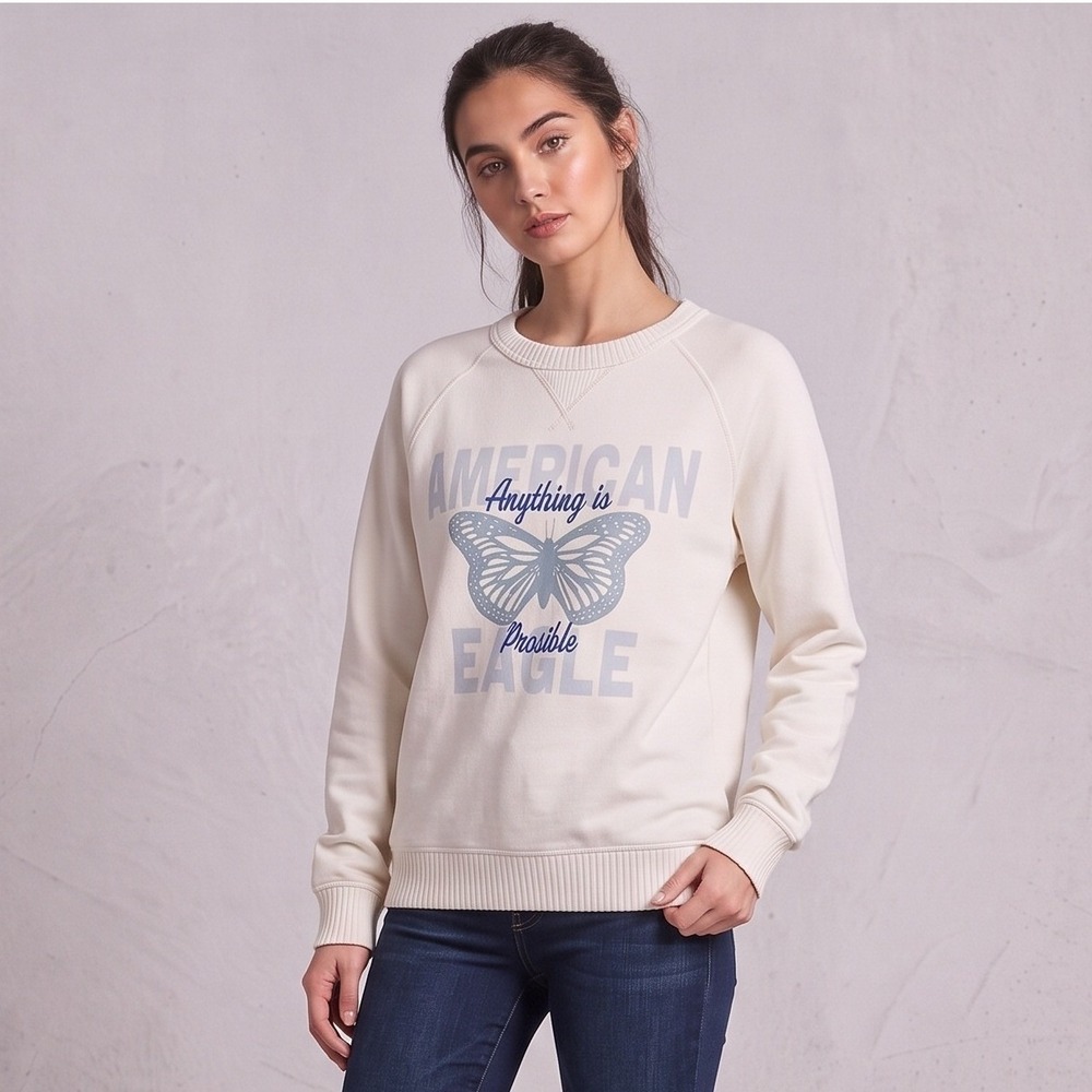 American Eagle Womens XS Cream Sweatshirt Anything Is Possible Butterfly Graphic